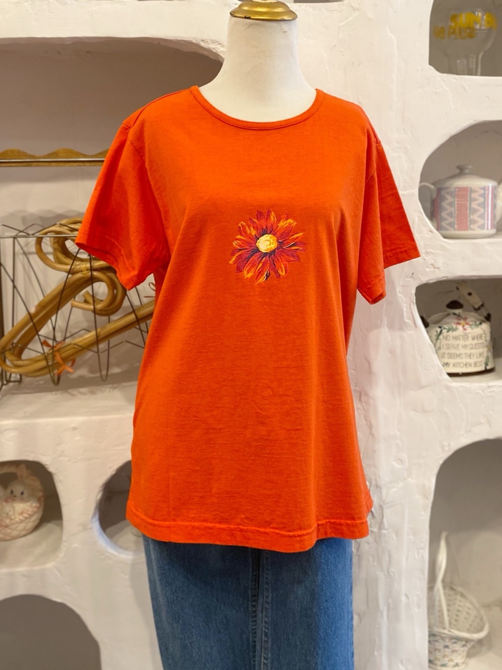 90s Y2K Bright Orange Oversized Casual Short-Sleeve Tee with Flower Graphic